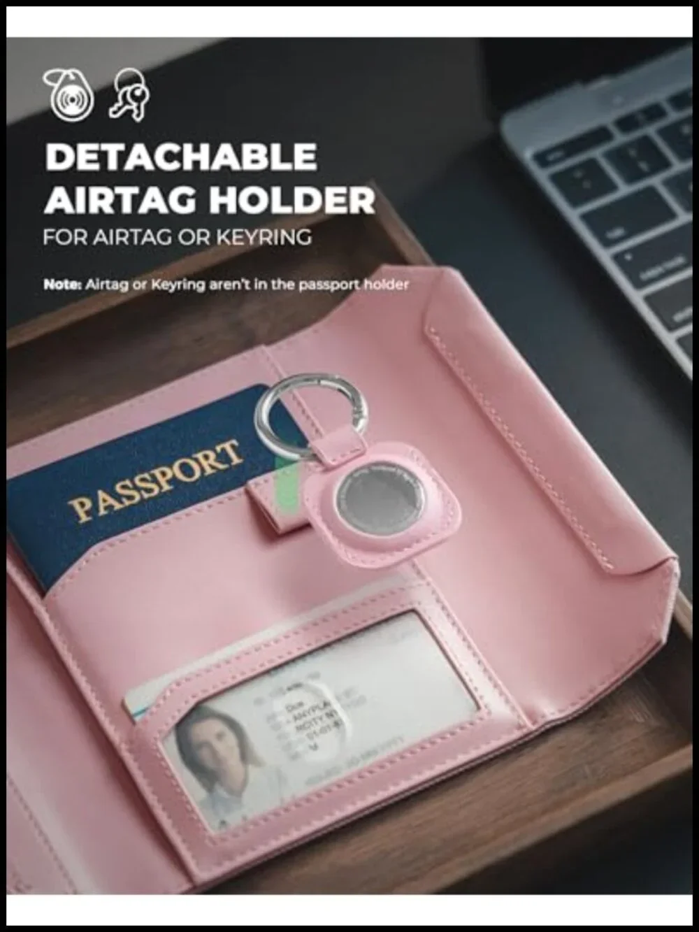 Vegan Leather Passport Wallet with RFID Blocking Detachable AirTag Holder